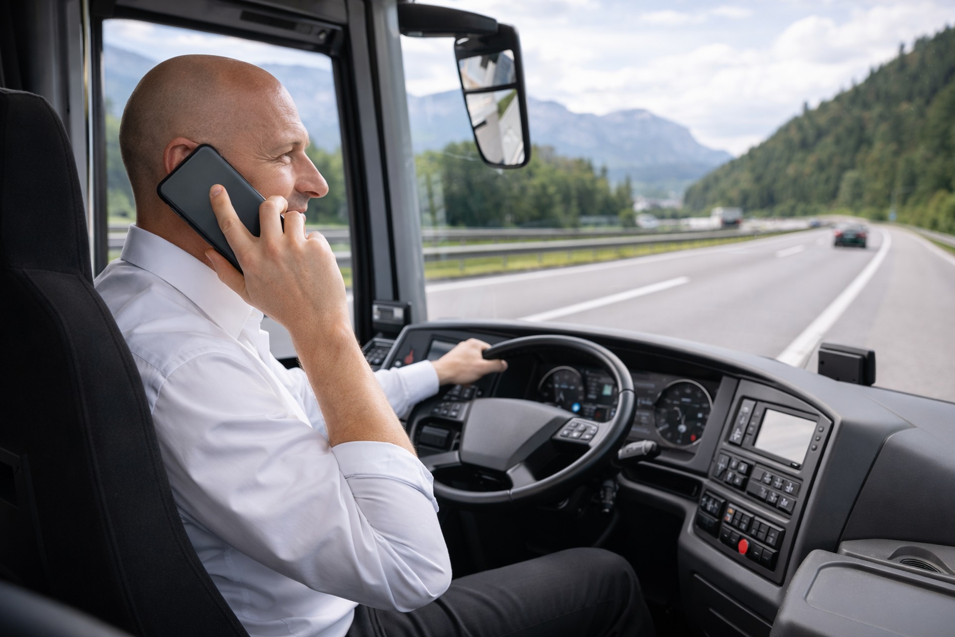 Busfahrer mit Reisetasche im Flughafen
