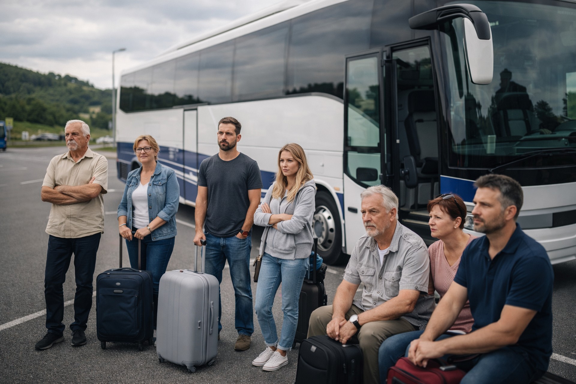 Reisebus bei Abendlicht auf Straße