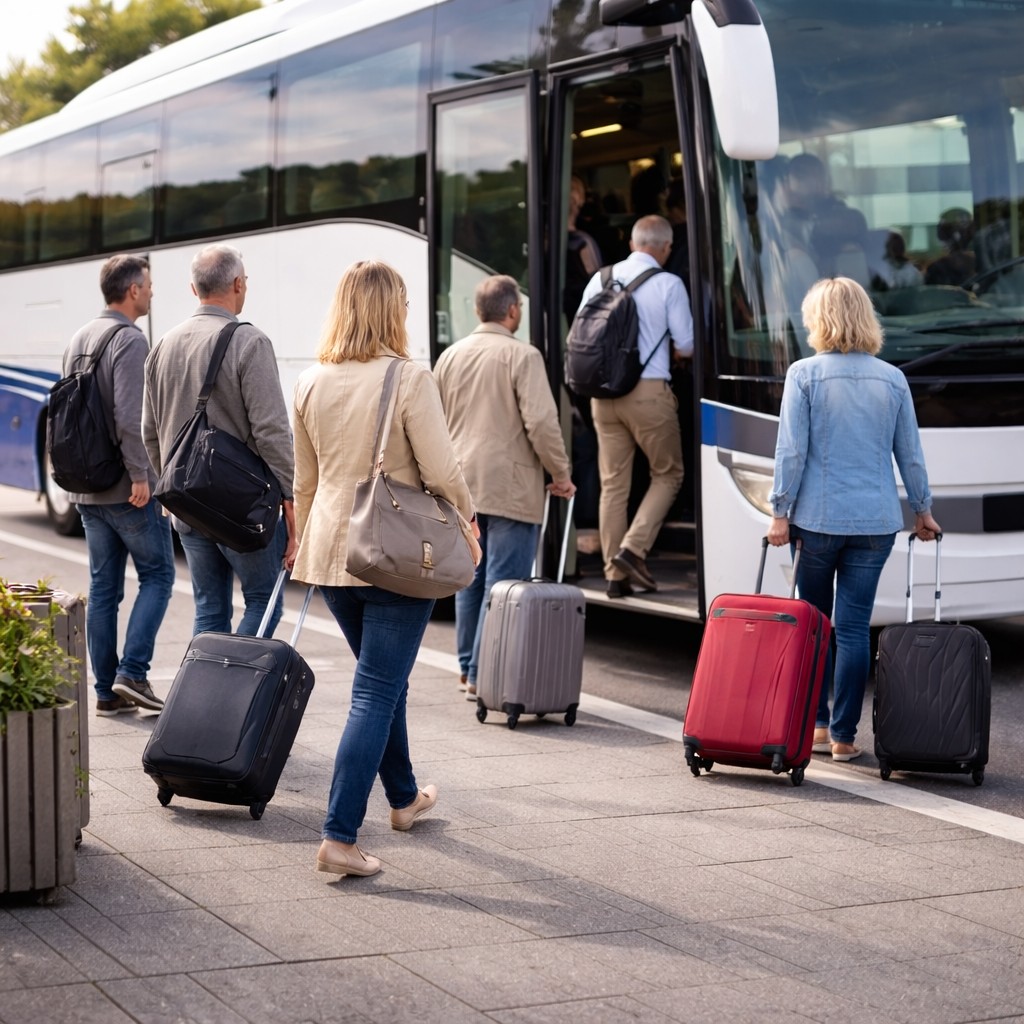 Fotorealistisches Icon: Reisegruppe beim Einsteigen